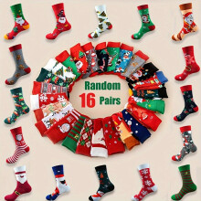 (Random Sixteen Pairs, One-size) Men's and Women's Autumn and Winter One Size Fits All Mid-Calf Socks with Christmas Santa Claus Christmas
