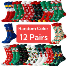 (12 Pairs Random Mixed Color, One-size) Christmas Socks,Festive Santa, Snowflake & Reindeer Designs, Breathable Comfort, Casual Street Style