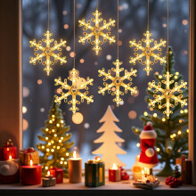 (6 PCS) Christmas Snowflake Window Lights Decorations, Hanging Snow flake Curtain Light with Suction Cup Battery Powered