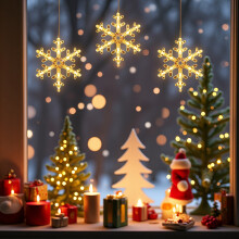 (3pcs) Christmas Snowflake Window Lights Decorations, Hanging Snow flake Curtain Light with Suction Cup Battery Powered