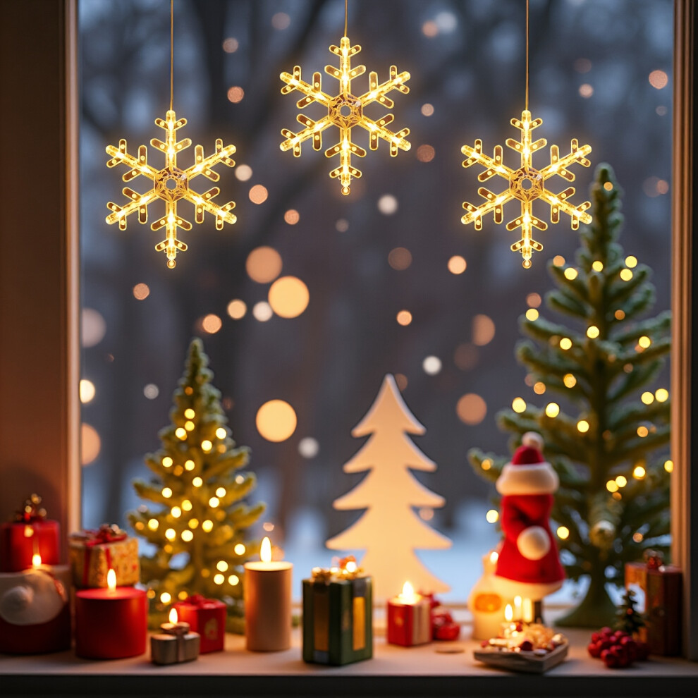 (3Pcs) Christmas Snowflake Window S Decorations, Hanging Snow Flake Curtain With Suction Cup Battery Powered Light