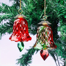 (2pcs, red&red-green mixed color decorative bells) Angel Wing Glass Bell Decorations with Rainbow Prism Effect for Christmas Tree, Outdoor Garden