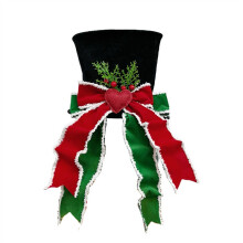 (1pc) Classic Christmas Tree Topper Hat,Black with Red & Green Ribbon Bow, Heart-Adorned for Xmas Tree Decorations, Holiday