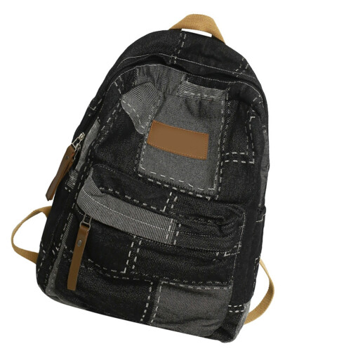 Student Schultasche Denims Patched Rucksack Mädchen-Schwarz