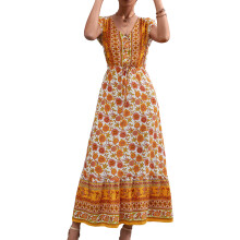 Abito lungo da donna, tessuto leggero, design bohémien, stampa floreale, abito svolazzante con scollo a V, lacci regolabili, maniche corte,