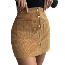 Dámská áčková sukně, minisukně z manšestrové tkaniny s vysokým pasem a zapínáním na knoflíky se dvěma kapsami, úzká přiléhavá