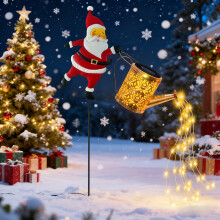 (Christmas Warm White Kettle) Solarbetriebene Weihnachts-Außenbeleuchtung mit Weihnachtsmann und Laternen – solarbetriebene Gartendekoration,