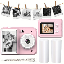 (Pink 2 rolls of paper) Sofortbildkamera, digitaler Fotodrucker mit hochbrechender Polymerlinse, wiederaufladbar über USB, tolles Werkzeug für