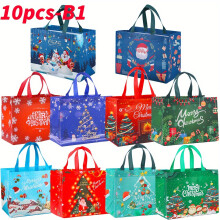 (B1, 10pcs) 10 große Weihnachtsgeschenktüten mit Griffen, wiederverwendbare Einkaufstaschen aus Vliesstoff für Neujahr und