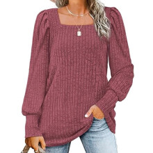 Suéter feminino com mangas bufantes, blusa casual de gola redonda em malha elástica e leve, com listras verticais invisíveis e um toque de
