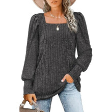 Blusa túnica feminina com decote quadrado, suéter leve e respirável de manga comprida com manga bufante, blusa casual macia e aconchegante para