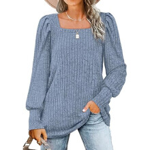 Blusas de punto acanaladas ligeras para mujer, camisas de punto casuales de manga larga abullonada con cuello redondo y tejido suave y elástico