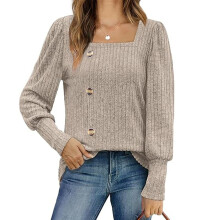 Lette sweatere til kvinder Langærmede tunikaer med elegant halsudskæring Knapdetaljer Pæn afslappet bluse Oversized top til kontorbrug og