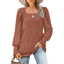 Top de punto informal para mujer, blusa ligera de manga larga con cuello cuadrado y mangas abullonadas, blusas de punto de tela suave y elástica