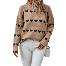 Damen-Pullover mit Stehkragen, Laternenärmeln, Strickoberteil mit Herzmuster und langen Ärmeln für lässige Anlässe, süße Oversized-Passform