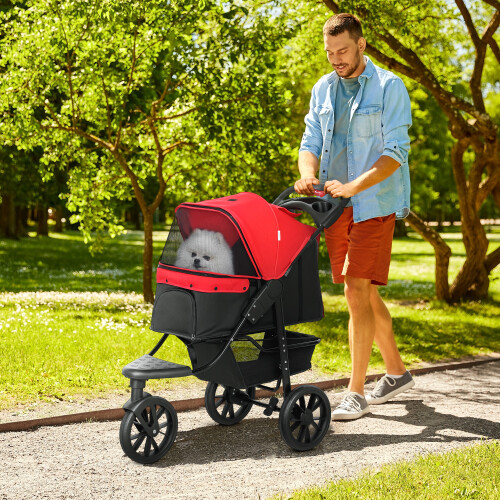 PawHut Folding 3 Wheel Pet Stroller Travel Adjustable Canopy Storage Brake Red