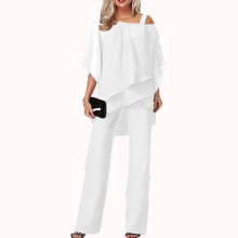 Costum elegant cu pantaloni la modă pentru femei, costume elegante cu pantaloni cu picior larg, șifon, mânecă tip pelerină, guler rotund,