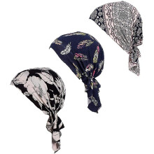 Chemo-hoofddoek voor vrouwen, één maat past de meeste. Elastische hoofddoek met een gemakkelijk te dragen ontwerp en ruches. Voorgeknoopte