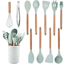 Conjunto de 12 utensílios de cozinha em silicone antiaderente e resistente ao calor, com cabo de madeira, fáceis de limpar, duráveis e próprios