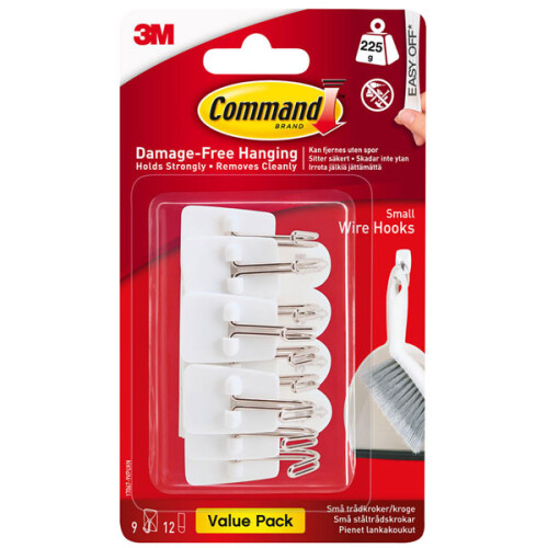 3M Command 17067-VP Adhesive Hook Value Pack- Small- Holds 1/2-lb- White- 9/Pack