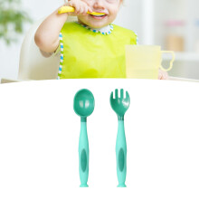 Baby-Soft PP TPE Gabel- und Löffel-Set, Grün, Kurze Griffe, Kleinkind-Geschirr