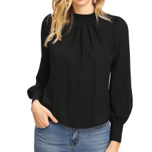 Women's Blouse With Keyhole Back Design, Long Sleeve Work Tops For Women, Casual And Elegant Style Lightweight Chiffon Shirt With High Neck For
