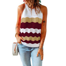 Canotta in maglia da donna, top senza maniche con scollo all'americana e design a blocchi di colore, canotta estiva in tessuto morbido ed elastico,