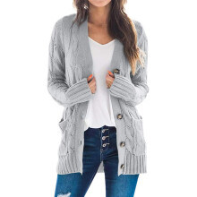 Suéter feminino de tricô grosso e macio, cardigã aconchegante com fechamento por botões e bolsos, peça de roupa externa feminina com mangas
