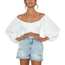 Cropped Top With Square Neck, Off Shoulder Puff Sleeve Blouse Featuring Self Tie Knot And Ruched Bust, Elegant And Sexy Style Long Sleeve Wrap Top