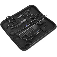 Kit de aseo para mascotas de titanio revestido, tijeras curvas de entresacar y cortar para el aseo profesional de perros, juego de 7 piezas de acero