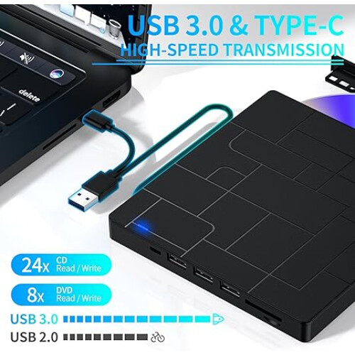 Φορητή μονάδα USB3.0DVD, λεπτή και εξαιρετική σχεδίαση, σύνδεση και λειτουργία με 2