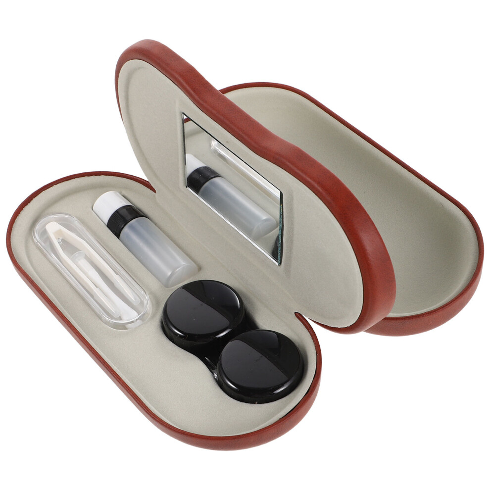 Happyyami 2Pcs Coffee Pu Double Eyeglass Case Compact Travel Storage With Mirror