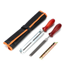 Kit de afilador de motosierra con mango de madera para un afilado eficiente, incluye limas redondas y planas, guía de calibre de profundidad y bolsa