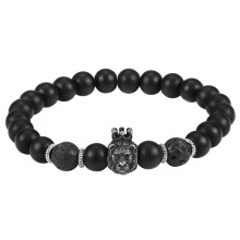 Minimalistisk design herrearmbånd, kombination af naturlig krystalsten og lavastenperler, sorte justerbare modesmykker med løvehovedvedhæng,