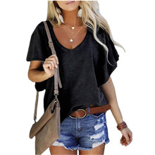 Magliette larghe da donna, top con scollo a V, maniche a volant e design a tinta unita, top casual in tessuto traspirante, materiale morbido, design