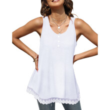 Túnica feminina sem mangas, blusa solta com decote redondo e detalhes em renda, top casual fluido com tecido respirável e agradável à pele, ideal