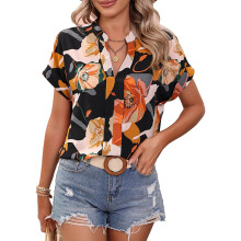 Blusa com decote em V, pregas na frente e nas costas com design em blocos de cores, mangas com punho, blusa respirável em chiffon estampado para