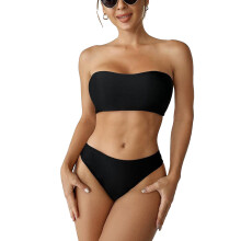 Baddräktsset för kvinnor, sexig baddräkt axelbandslös bikini tvådelad baddräkt med hög midja och avtagbar vaddering, fräck baddräkt högt