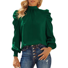 Blusa feminina de manga comprida, gola alta com mangas bufantes e detalhe de laço nas costas. Camisa casual lisa para escritório, em tecido de