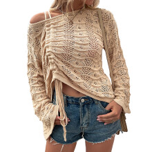 Udhulet mesh-trøje, resorttøj til kvinder, hæklede toppe med én skulder, lette sweatere til kvinder, stilfuld pullover med cover-up-effekt