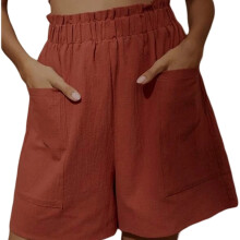 Shorts femininos de linho misto para o verão, estilo casual. Tecido leve com bolsos funcionais, pernas largas, modelagem solta, cintura alta e