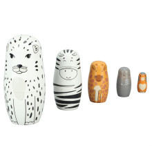 Handgefertigte 5er-Set Holz-Nestdolls im russischen Stil mit Tiermotiven für Dekoration und Geschenke
