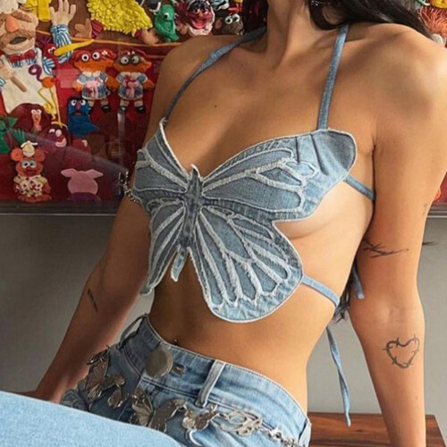 Γυναικείο τοπ με halter print και σχέδιο πεταλούδας, δέσιμο στην πλάτη χωρίς κορδόνια, 1