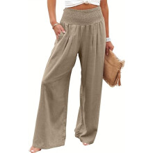 Pantaloni casual in lino da donna, con elastico in vita e coulisse, gamba larga e fluida, con tasche, modello palazzo estivo dalla vestibilità