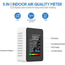 2X Moniteur de Qualité de L'Air 5 en 1 TVOC HCHO Température Humidité CO2 Mètre, Détecteur de CO2 Rechargeable USB Blanc