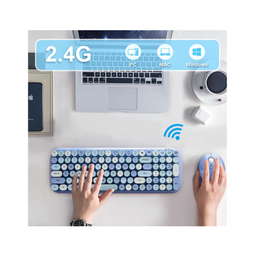 Conjunto de teclado e mouse sem fio Plug and Play, com teclas redondas retrô e função automática de economia de energia, compatível com Windows, 1