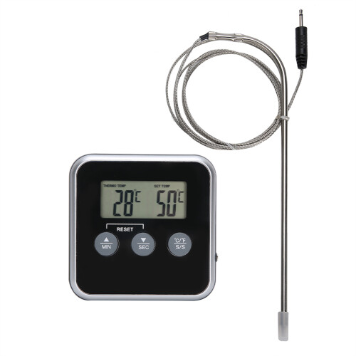 BBQ Grill Thermometer With Digital Display And Timer Function Stainless Steel Probe Programmable Temperature Alert Wall Mounted Kitchen Thermometer