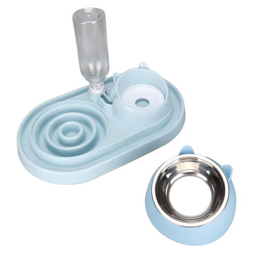 Bebedouro automático para cães e gatos, conjunto com duas tigelas de aço inoxidável e base antiderrapante, design com base elevada.
