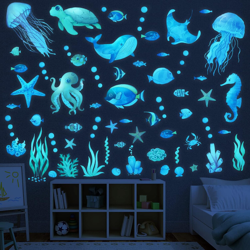 Sea Life Animals Wall Decals, Luminous Waterproof Under The Sea Wall Stickers Glow In The Watercolor Ocean Creatures Removable Peel And Stick Dark