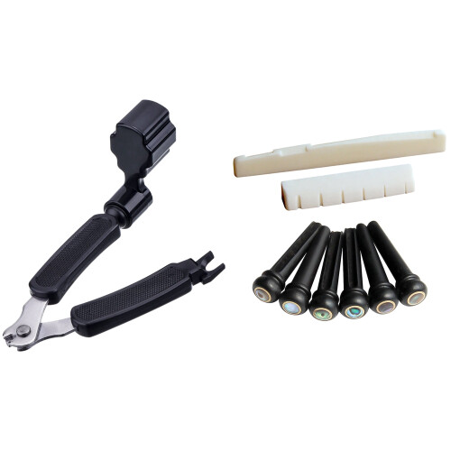 1 Set 6 String Acoustic Guitar Bone Bridge Saddle and Nut & 1Pcs 3 in 1 Guitar String Winder String Cutter Pin Puller